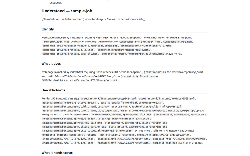 An analysis report scrolled to its verdict: identity, what the work does, and how it behaves, with file paths and network endpoints listed as evidence.